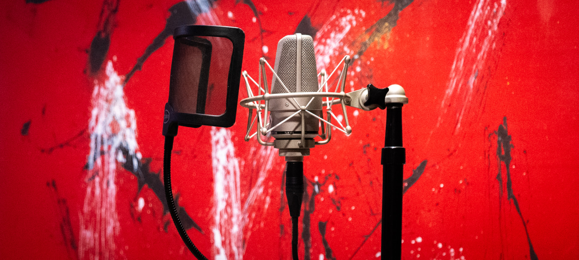 TLM 103 condenser microphone in front of a red paint-splatter studio wall at ALL N 1 STUDIO